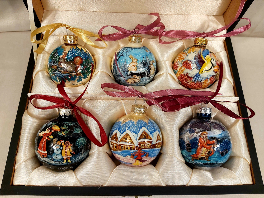 Набор елочных шаров с ручной росписью Палех  №11