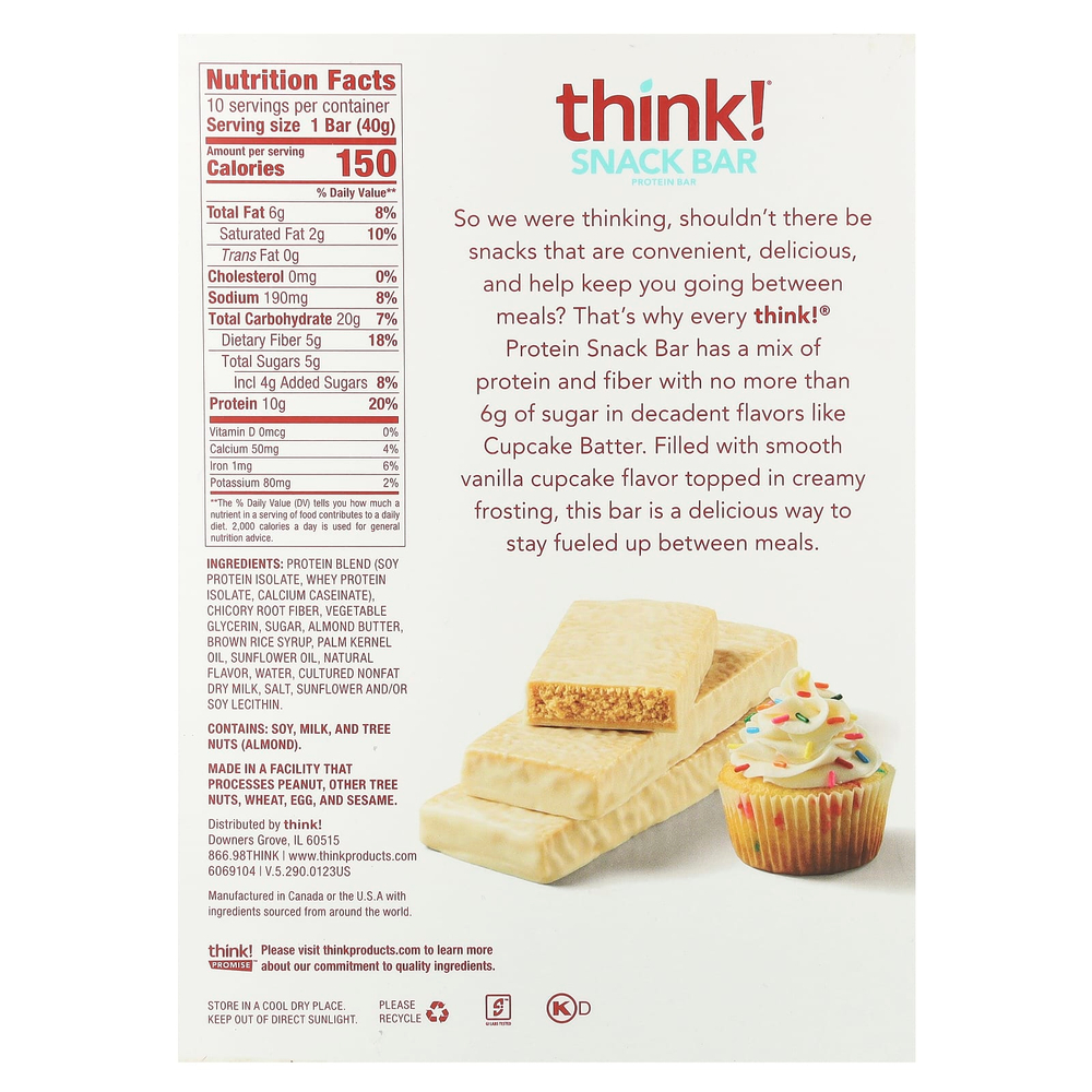 Think !, Snack Protein Bar, тесто для кексов, 10 батончиков, 40 г (1,41 унции) каждый