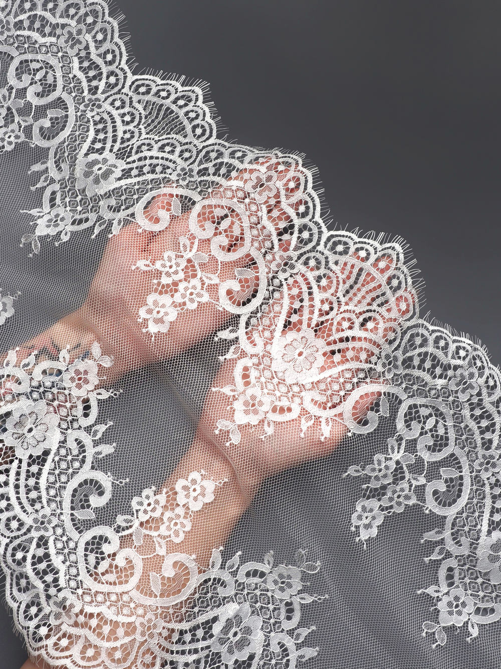 Кружево шантильи теплое белое неэластичное ширина 36 см КУПОН 3 м (грязь)