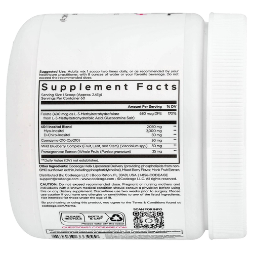 Codeage, липосомальный инозитол+ для поддержки яичников, в виде порошка, ягодный вкус, 148,2 г (5,2 унции)