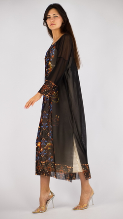 Платье-туника из сетки "Загадки скифов", принт по мотивам скифских татуировок, по материалам раскопок Пазырыкских курганов