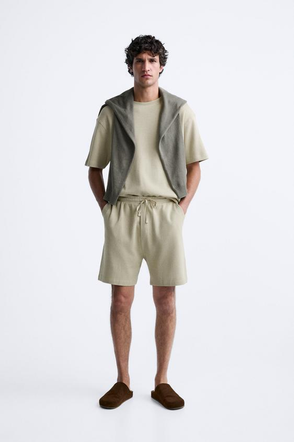 ZARA ШОРТЫ SOFT В РУБЧИК, СВЕТЛО-ПЕСОЧНЫЙ