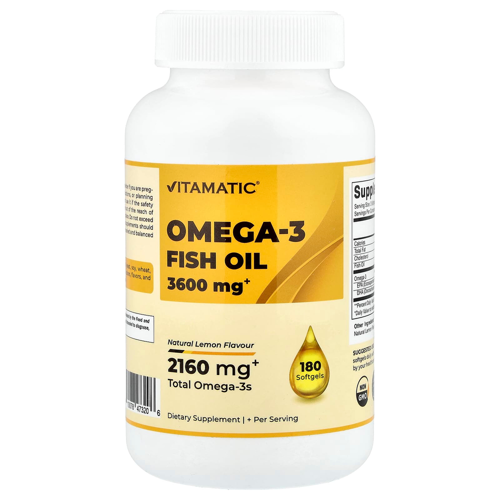 Vitamatic, рыбий жир с омега-3, натуральный лимон, 180 мягких таблеток