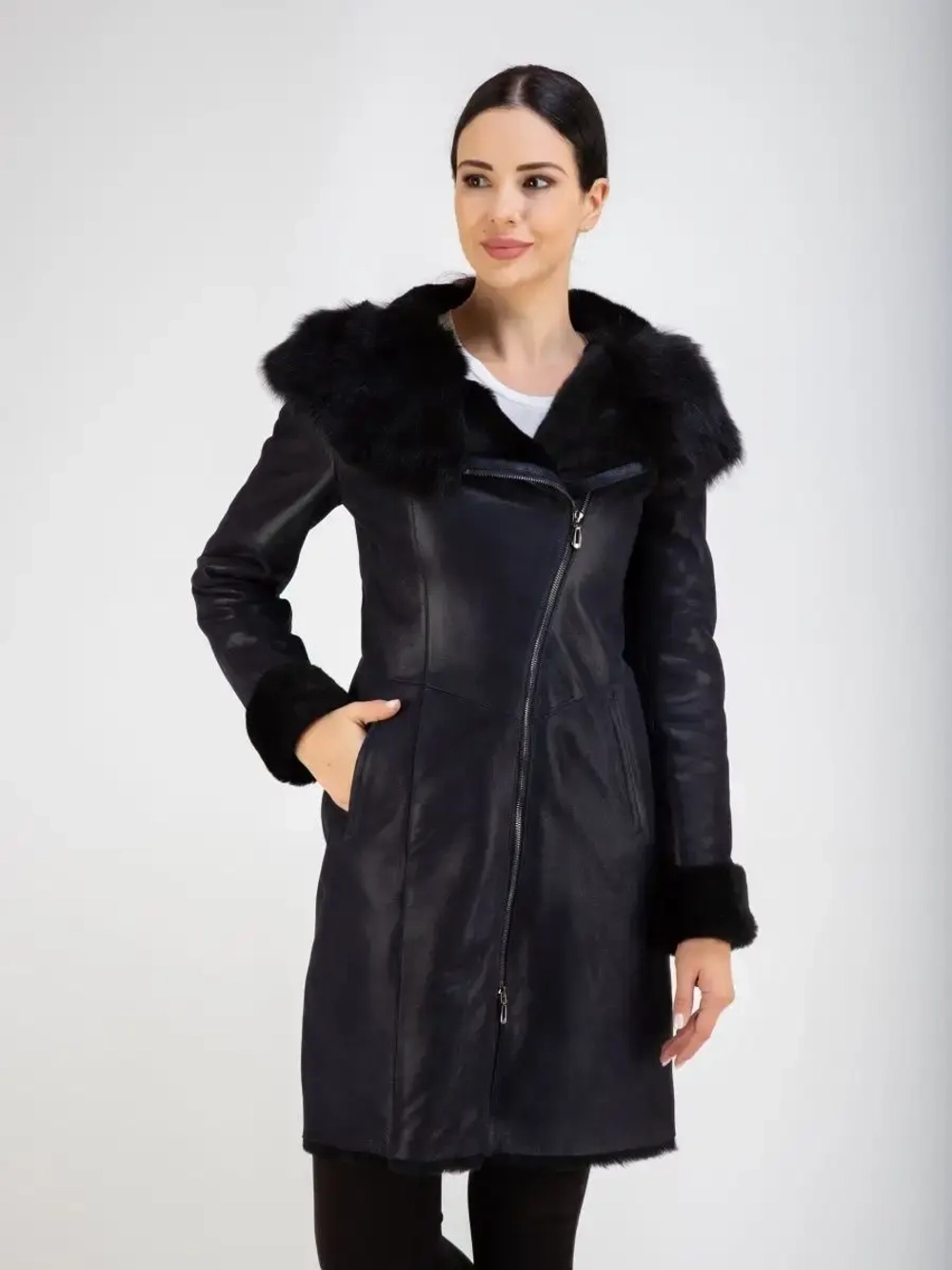 Дубленка женская натуральная длинная с капюшоном Турция