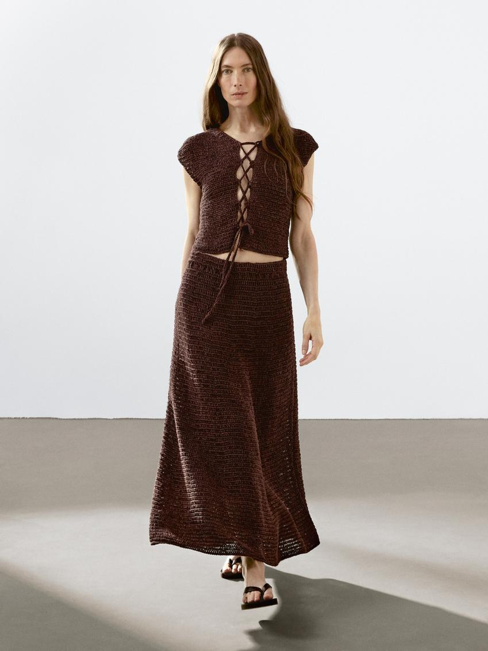 Massimo Dutti Юбка миди из смесового хлопка с кружевом кроше, баклажанный