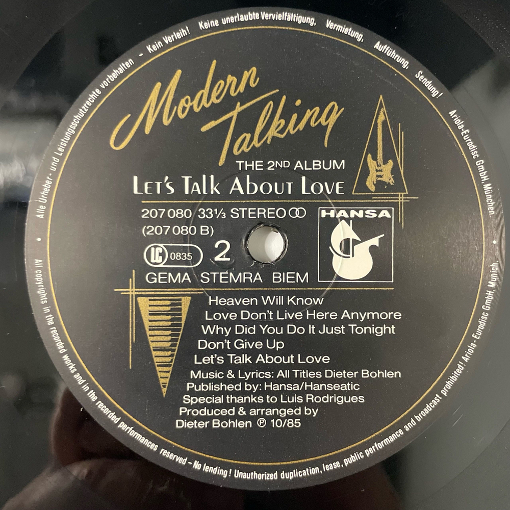 Винтажная виниловая пластинка LP Modern Talking, Let's Talk About Love (The 2nd Album) (Германия 1985)