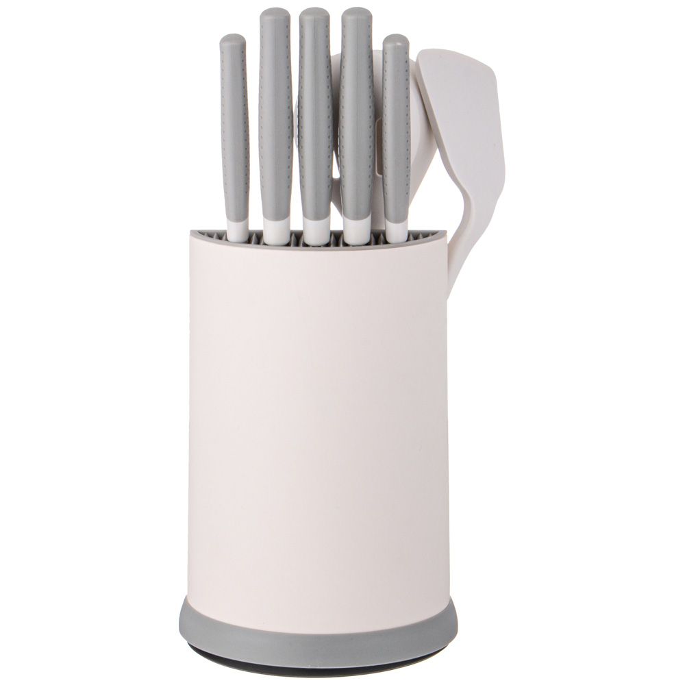 НАБОР AGNESS ИЗ 9ПР: 5 НОЖЕЙ, ПОЛОВНИК, ЛОПАТКА И ШУМОВКА, ВРАЩАЮЩАЯСЯ ПОДСТАВКА, ЦВЕТ: СЕРЫЙ