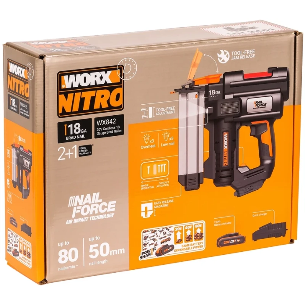 WORX WX842 аккумуляторный гвоздезабивной пистолет (1 x 2 Ач, ЗУ)