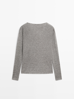 Massimo Dutti Футболка с V-образным вырезом и отделкой кружевом, серый меланж