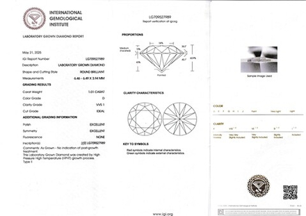 Лабораторно-выращенный бриллиант Кр-57 6.46-6.49 мм D/VVS1 1.01ct