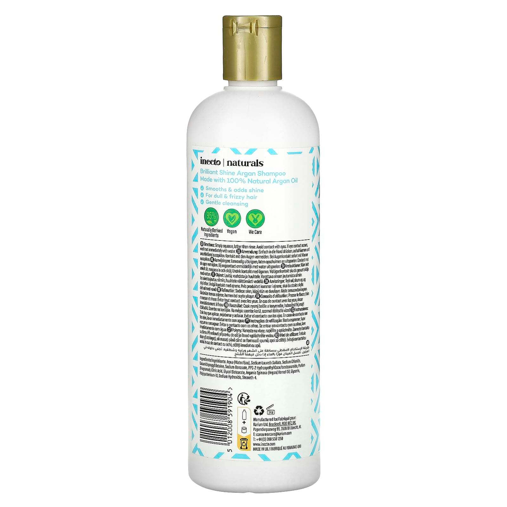 Inecto, Naturals, шампунь с арганой для блеска и блеска, для тусклых и вьющихся волос, 500 мл (16,9 жидк. унции)