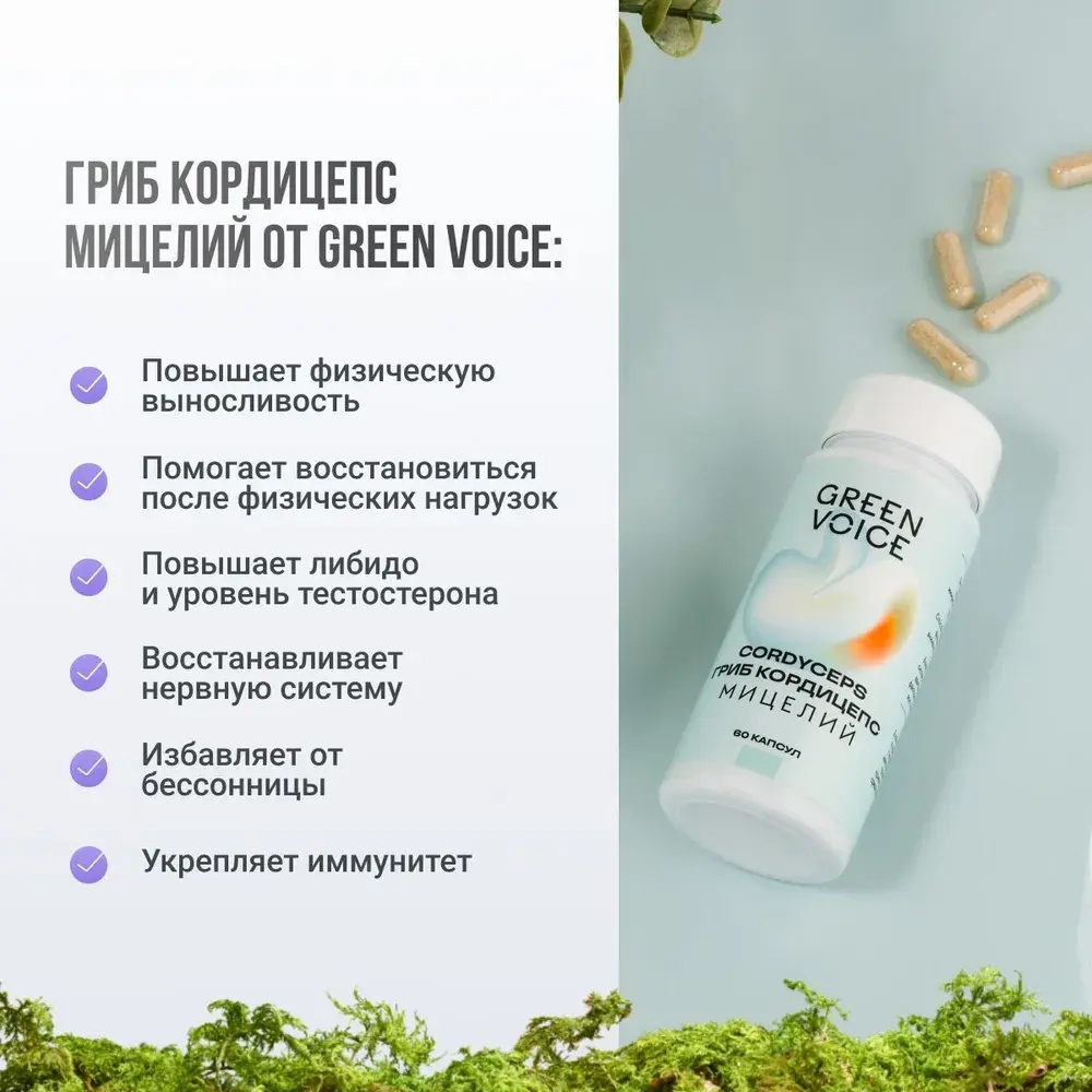 Кордицепс мицелий для снижения утомляемости и укрепления иммунитета "Green Voice", 60 капсул