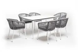 "Малага" обеденная группа на 6 персон со стульями "Марсель", каркас белый, роуп светло-серый