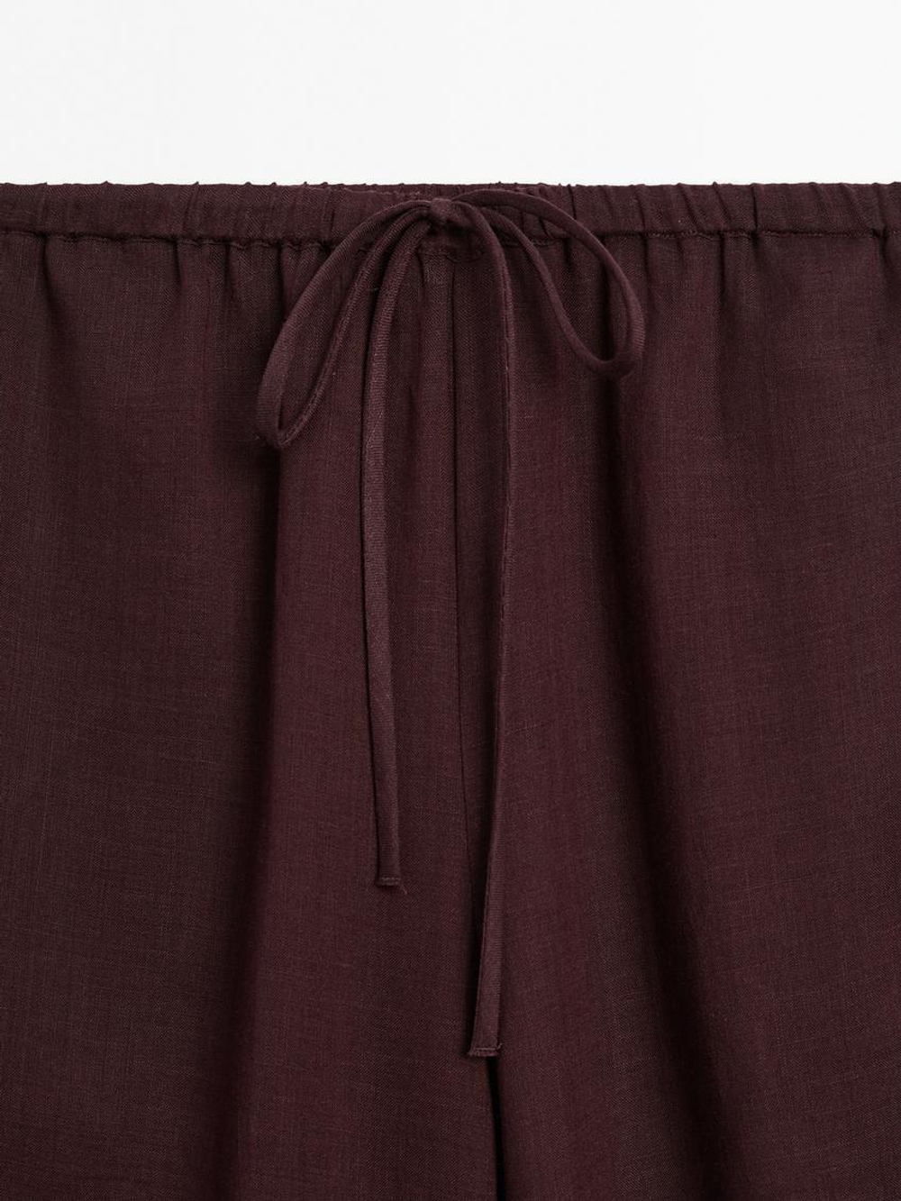 Massimo Dutti Брюки из струящейся смесовой ткани рами на шнурках, гранатовый