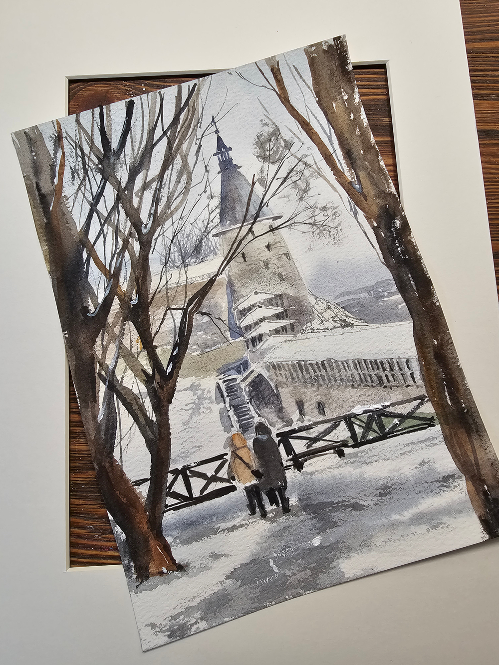 Картина авторская акварельная в паспарту 21х30 см на стену для интерьера "Прогулки по Пскову"