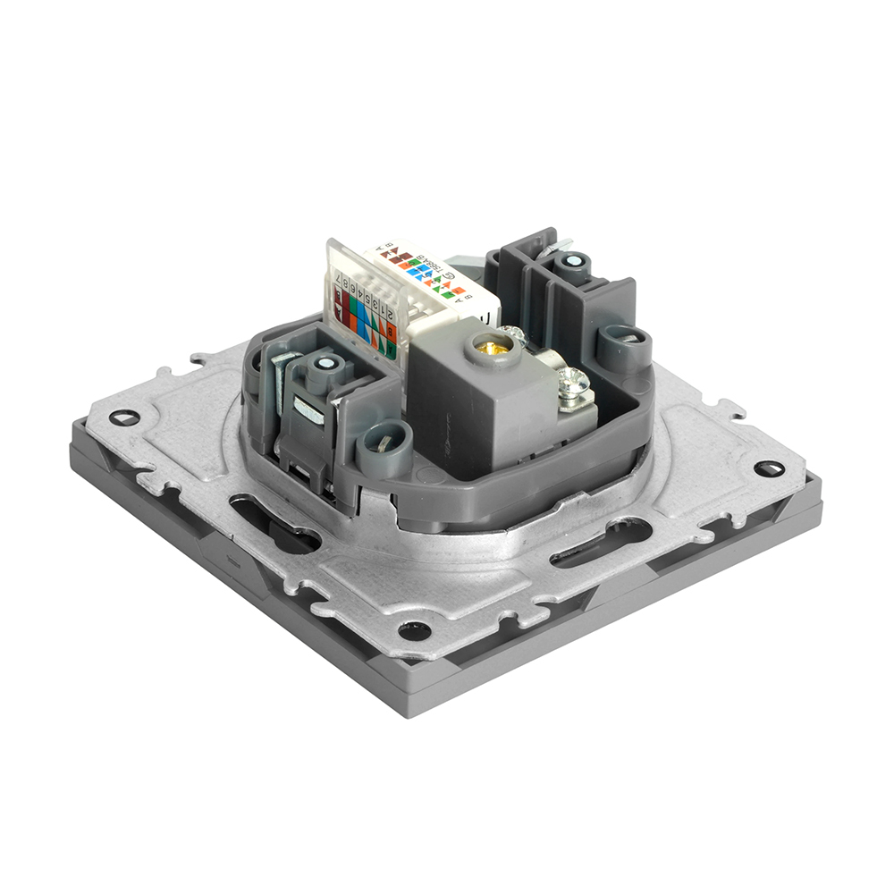 Розетка TV + компьютерная RJ-45 (механизм), STEKKER, серия Эмили, RST00-5106-10, платиново-серый, soft touch 49950