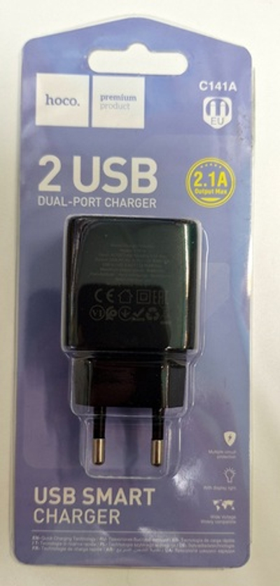 Сетевое зарядное устройство 2USB HOCO C141A Smart 2400mAh (черный) ш/к 6942007627849