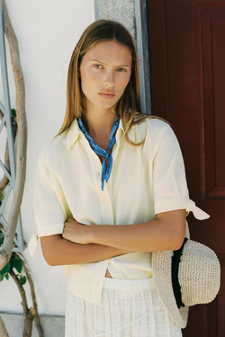 ZARA РУБАШКА ИЗ РАМИ С КОРОТКИМИ РУКАВАМИ И ЗАВЯЗКАМИ, ЖЕЛТЫЙ