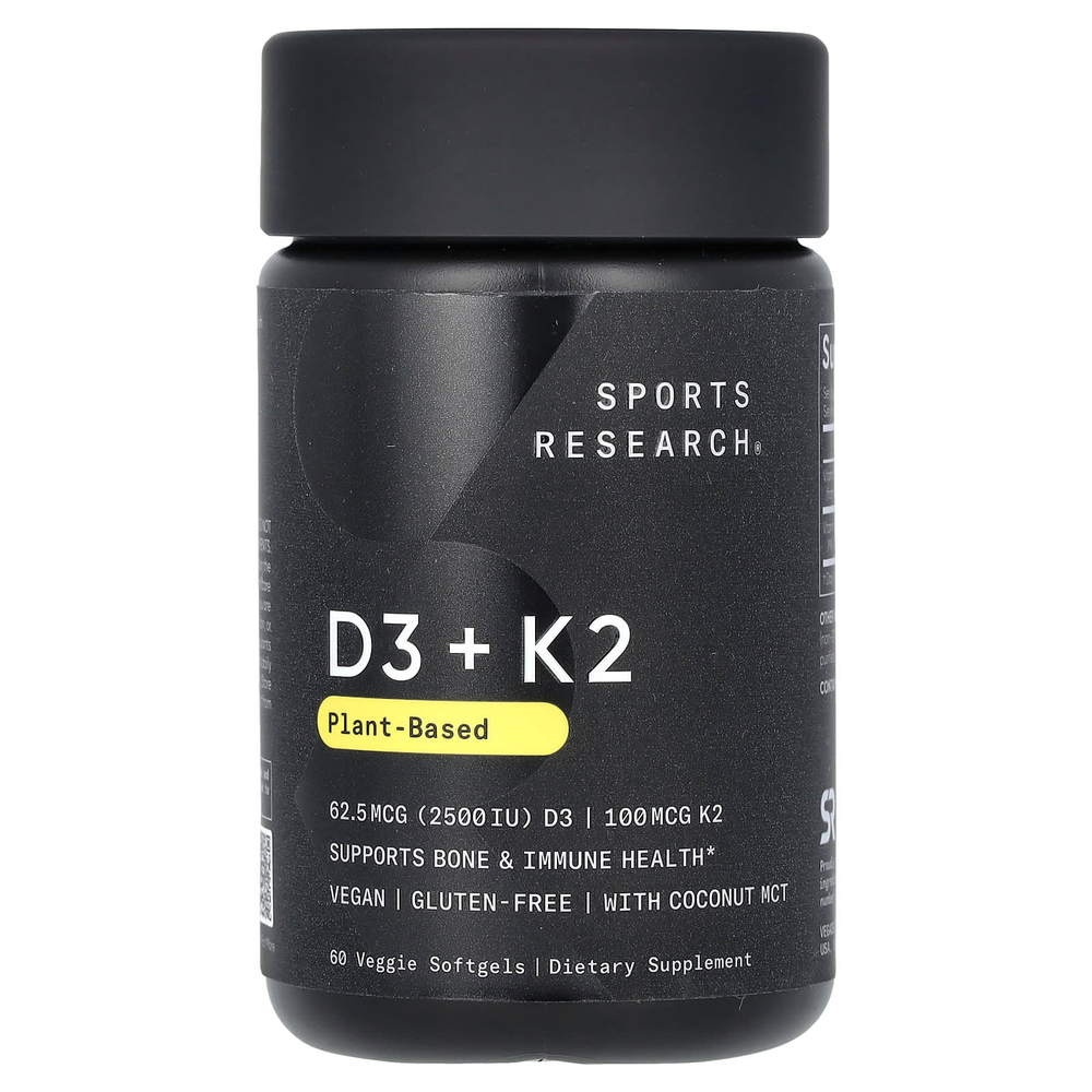 Sports Research, Витамины D3 + K2, растительного происхождения, 62,5 мкг / 100 мкг, 60 растительных капсул