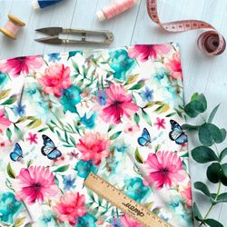 Ткань премиум интерлок бабочки в акварельных цветах