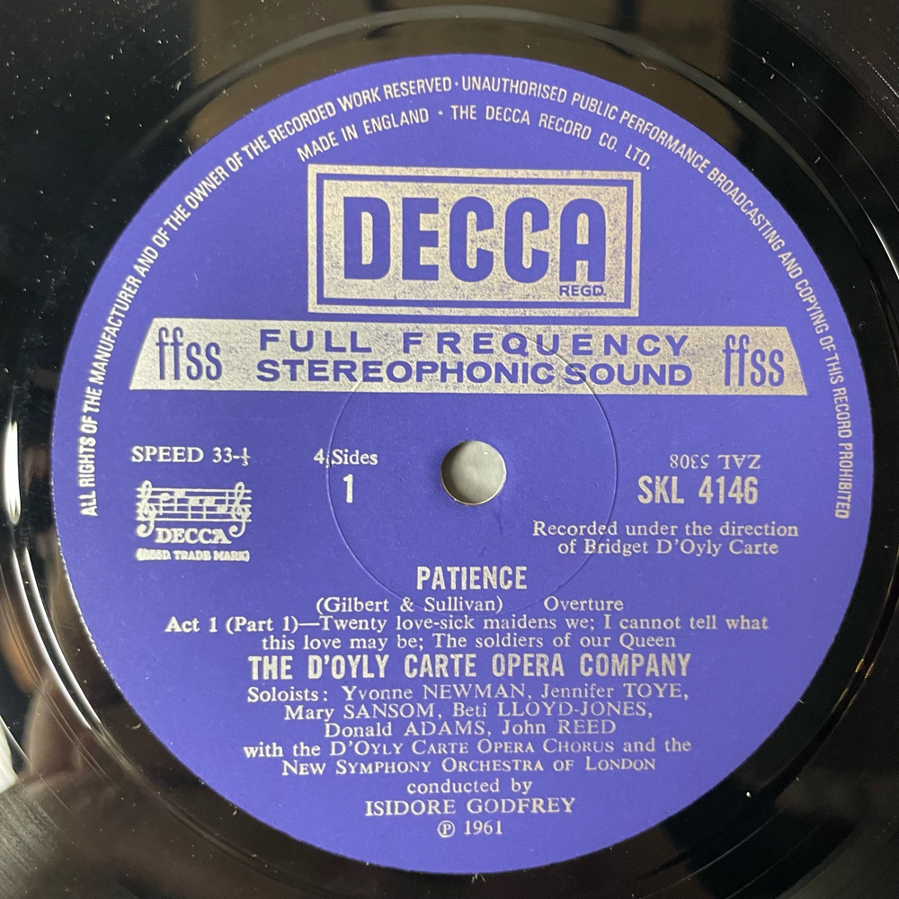 Винтажная виниловая пластинка LP Gilbert and Sullivan, The D'Oyly Carte Opera Company Опера Patience Терпение (With Complete Dialogue) (Англия 1961)