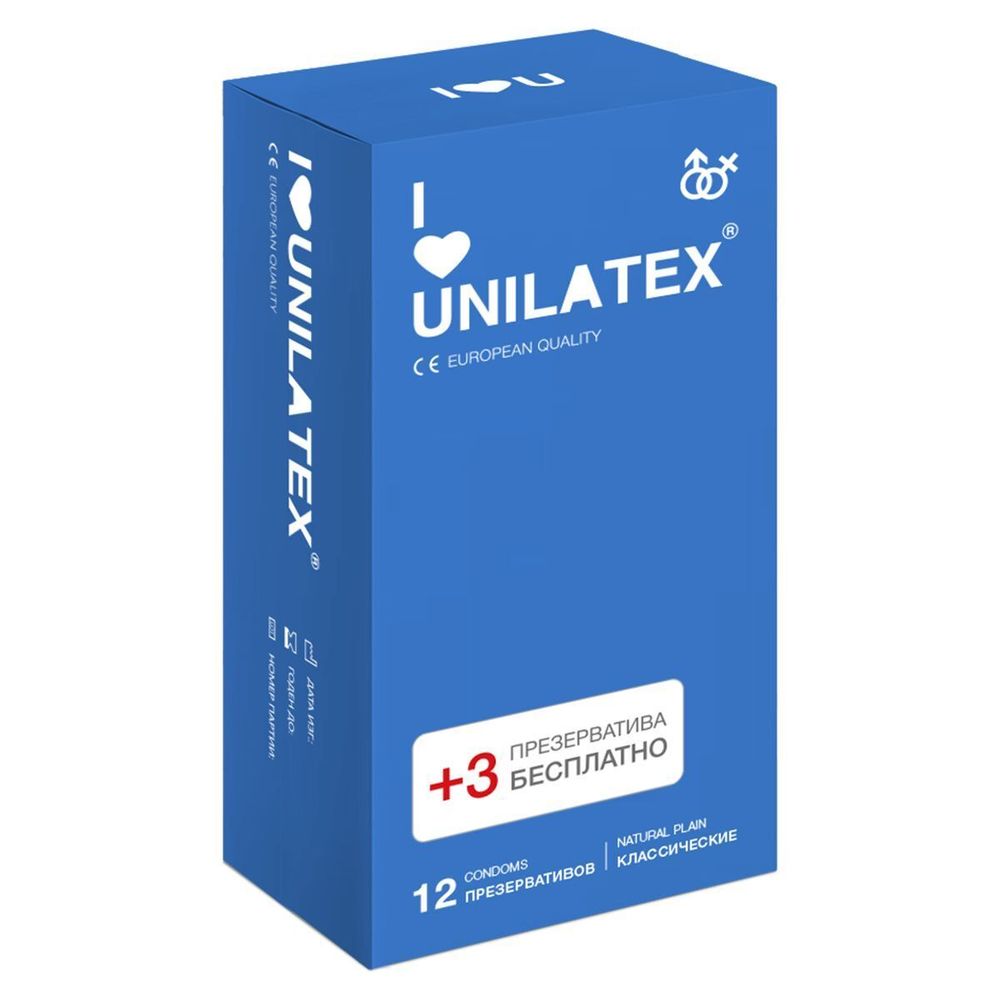 Презервативы Unilatex, natural plain, гладкие, классические, 19 см, 5,4 см, 15 шт