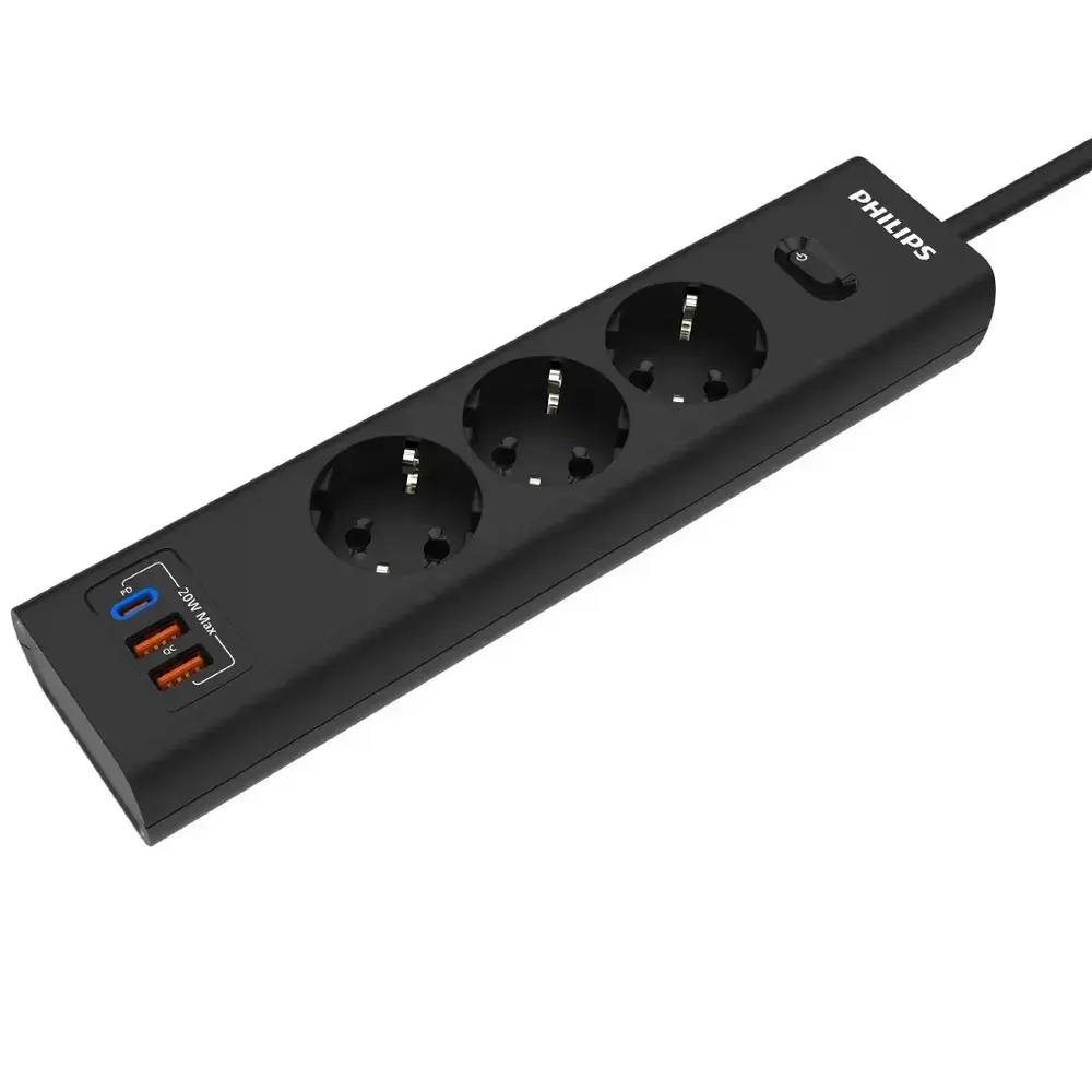 Сетевой фильтр удлинитель Philips CHP4336BA/51 с тремя стандартными розетками EU, 2 USB-A, Type-C, с заземлением и защитой от перегрузок, 2 м, черный