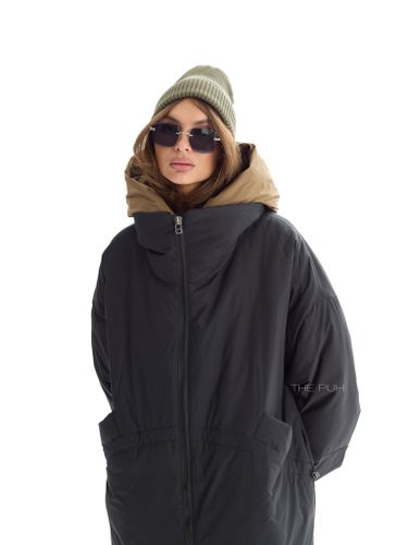 Черно-оливковый длинный пуховик с капюшоном