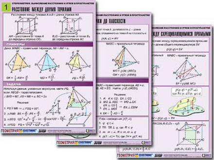 Комплект таблиц "Стереометрия. Вычисление расстояний и углов в пространстве" (8табл,А1,лам)