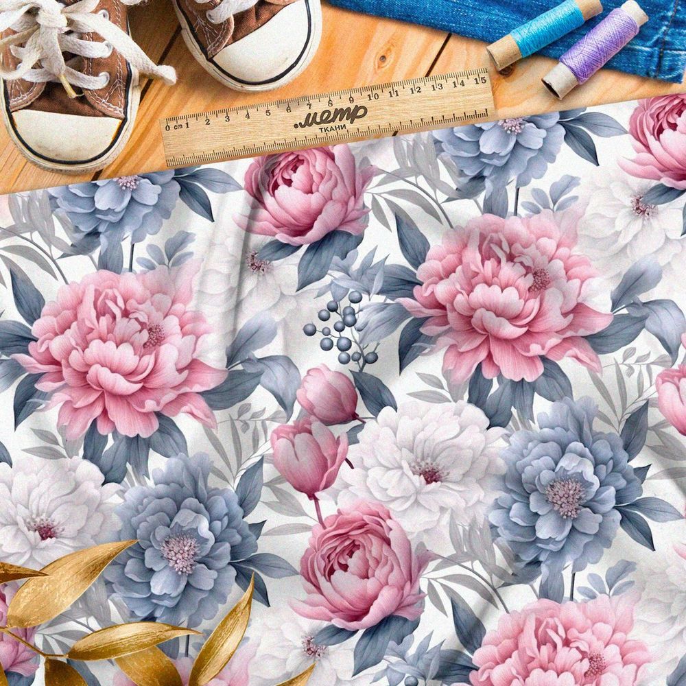 Ткань премиум флис пастельные пионы