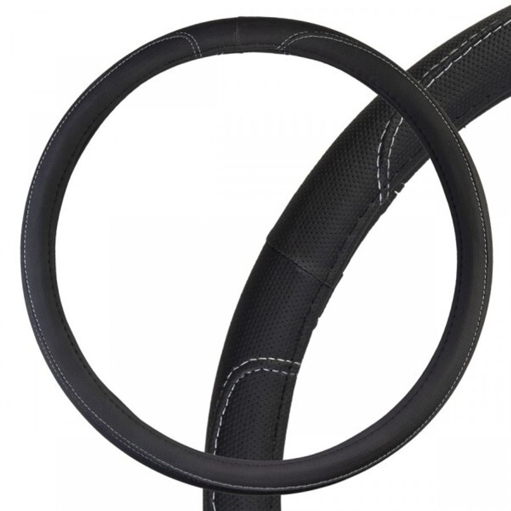 Оплетка руля 2XL 45-47 см экокожа черная с серой прострочкой Large-2 (SKYWAY)