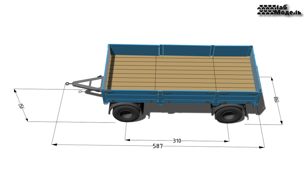 Trailer 2-axle flatbed in scale 1/14