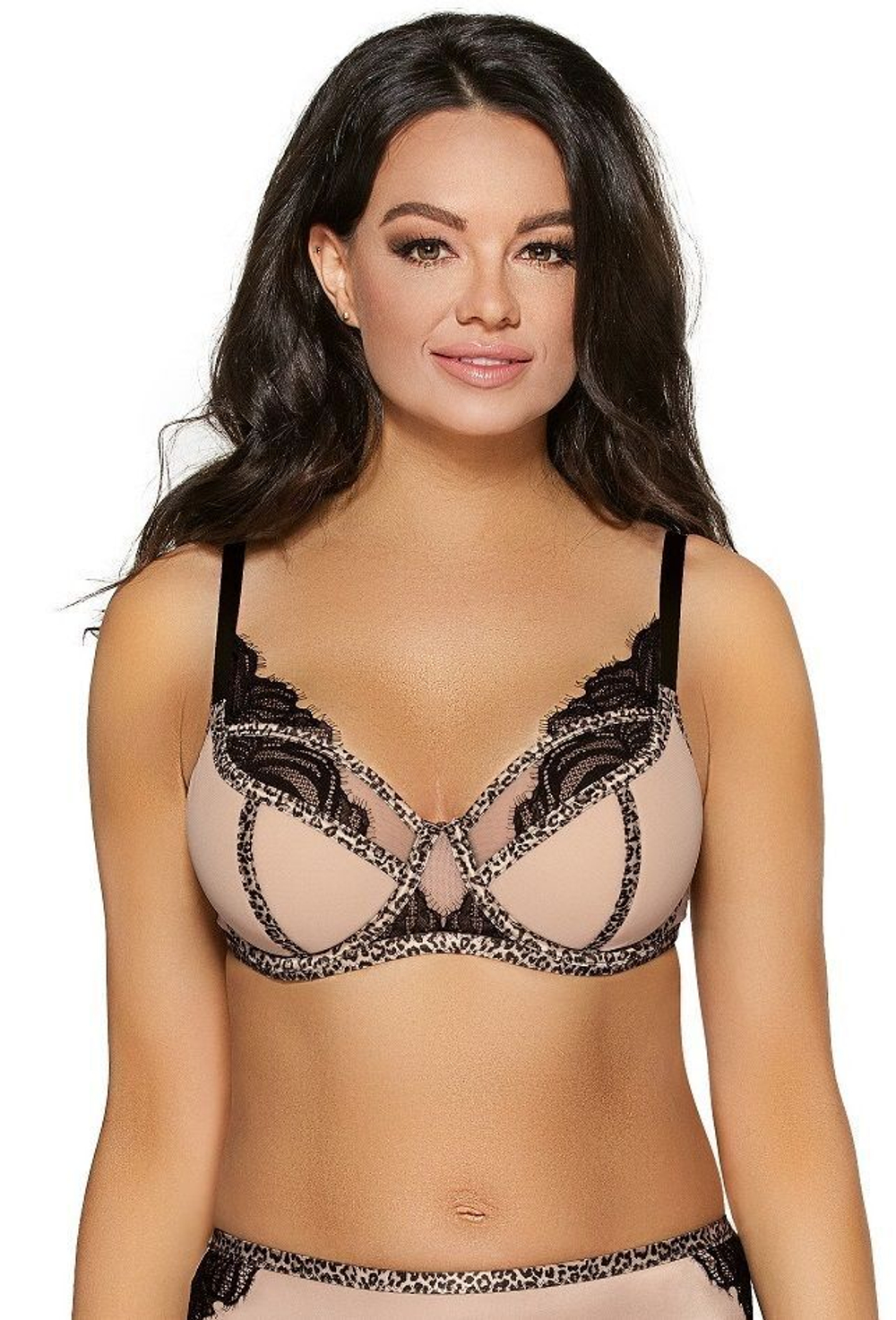 Бюстгальтер на косточках с отделкой кружевом и леопардовым кантом (Размер: 80D) (Цвет: телесный)
