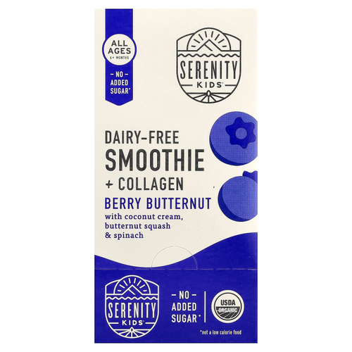 Serenity Kids, безмолочный смузи с коллагеном, для всех детей от 6 месяцев, ягод и мускатная тыква, 6 пакетиков по 99 г (3,5 унции)