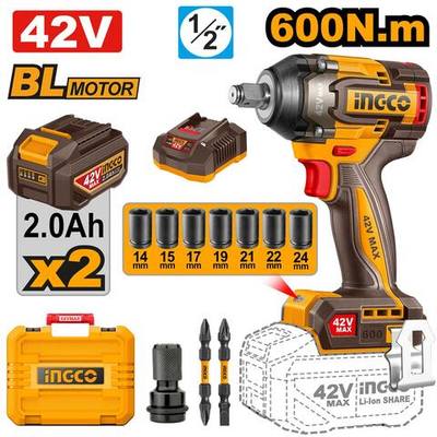 Аккумуляторный гайковерт BL 42В 600Hm 1/2, 2хАКБ и ЗУ кейс INGCO CIWLI42602 INDUSTRIAL