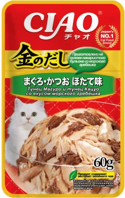 Inaba ciao kinnodashi влажный корм тунец магуро и тунец кацуо со вкусом морскогогребешка. дополнительный рацион для кошек 60г