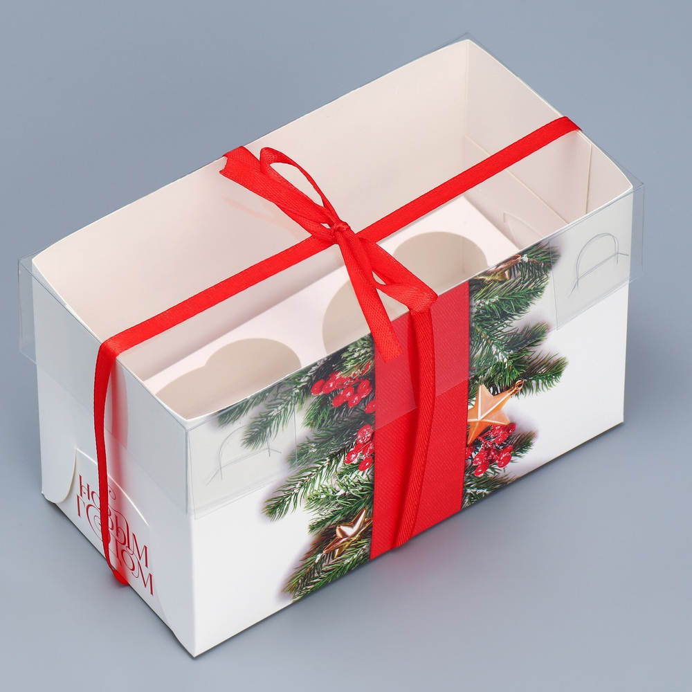 Коробка на 2 капкейка Хвоя и ягоды, 16*8*10 см