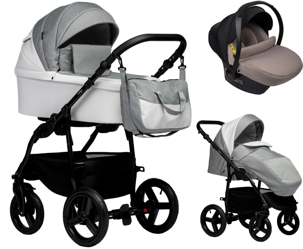 Детская коляска Indigo Impulse Eco 3 в 1 с автокреслом Avionaut Cosmo Beige Ie03 белая кожа/серый
