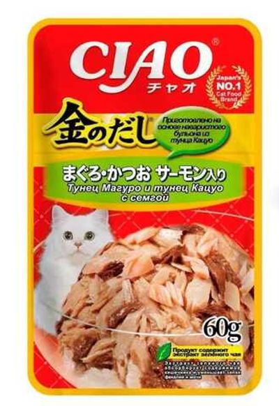 INABA КИННОДАСИ пауч 60г в желе тун.магуро и кацуо с семгой,д/кошек RU-205