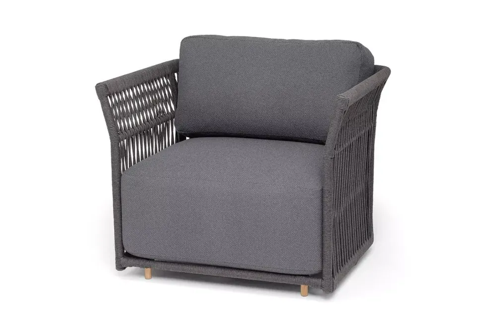 "Лугано" кресло плетеное из роупа, каркас алюминий темно-серый (RAL7024) муар, роуп темно-серый круглый, ткань темно-серая YB25-0027