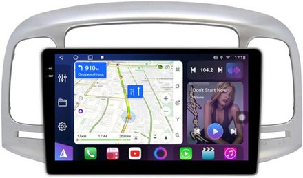 Магнитола для Hyundai Verna 2006-2010 (рамка серебро) - FarCar 3009M монитор 9.5" QLED на Android 14, TS18, CarPlay, 4G SIM-слот
