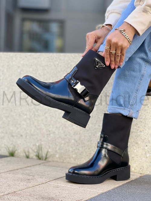 Черные комбинированные ботинки Прада Prada с нейлоновым верхом и пряжкой