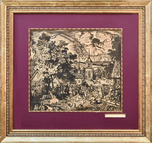 Кустодиев Б. М. (1878–1927). «Ярмарка в деревне». Линогравюра. 1927 г.