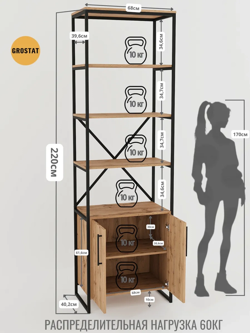 Стеллаж напольный металлический с тумбой с дверцами Gamma
