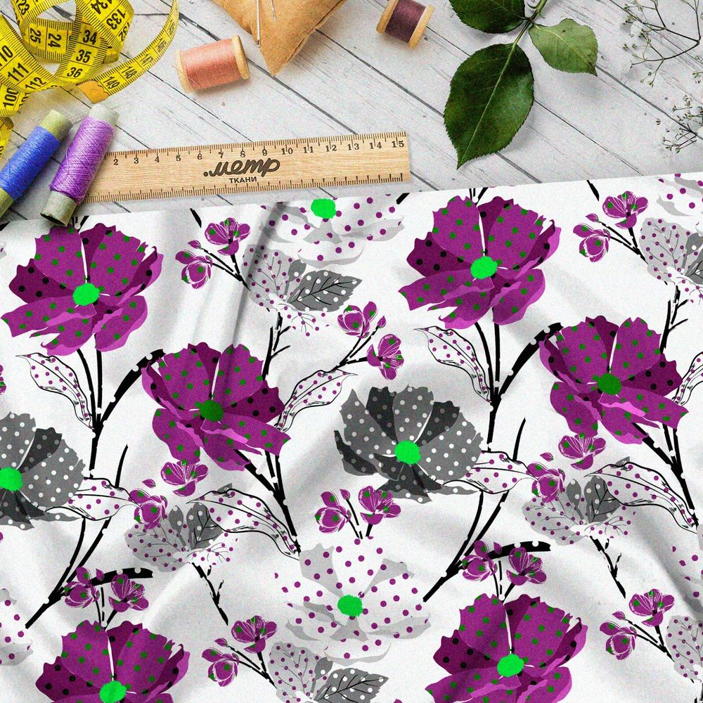Ткань ниагара контрастные цветы на белом фоне с яркими акцентами