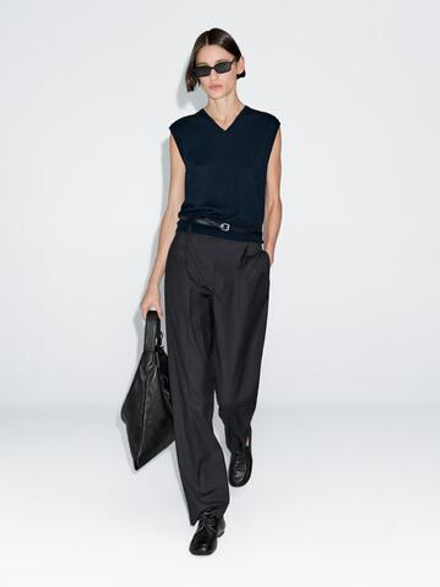 Massimo Dutti Брюки с эластичным поясом и защипами, темно-синий