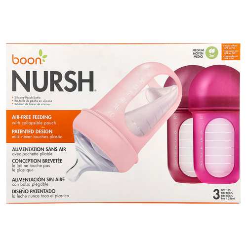 Boon, Nursh®, силиконовый флакон в пакете, от 3 месяцев, средний, 3 флакона по 236 мл (8 унций)
