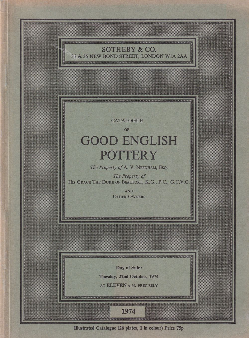 Каталог аукциона Sotheby's, Лондон, Шедевры английской керамики от 22 октября 1974 года