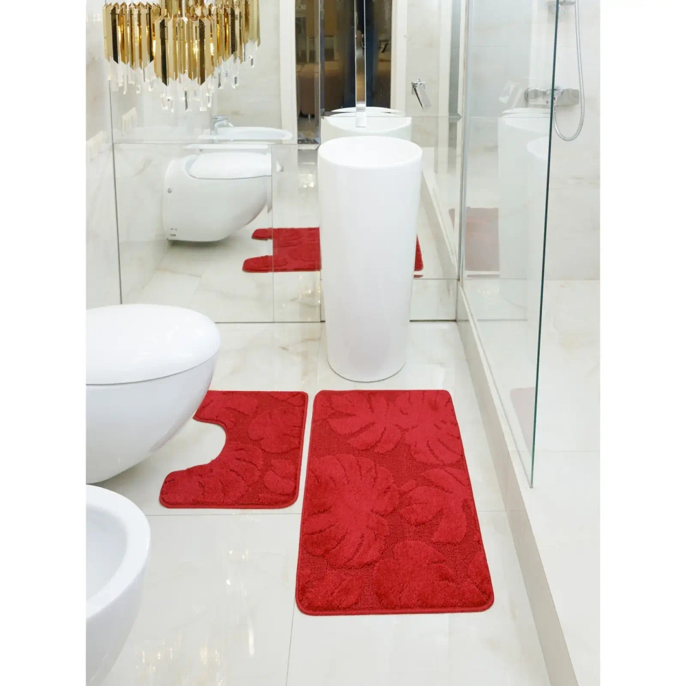 Комплект ковриков для ванной и туалета My Crystal серия Gold 50*60см, 60*100см бордовый, папоротник