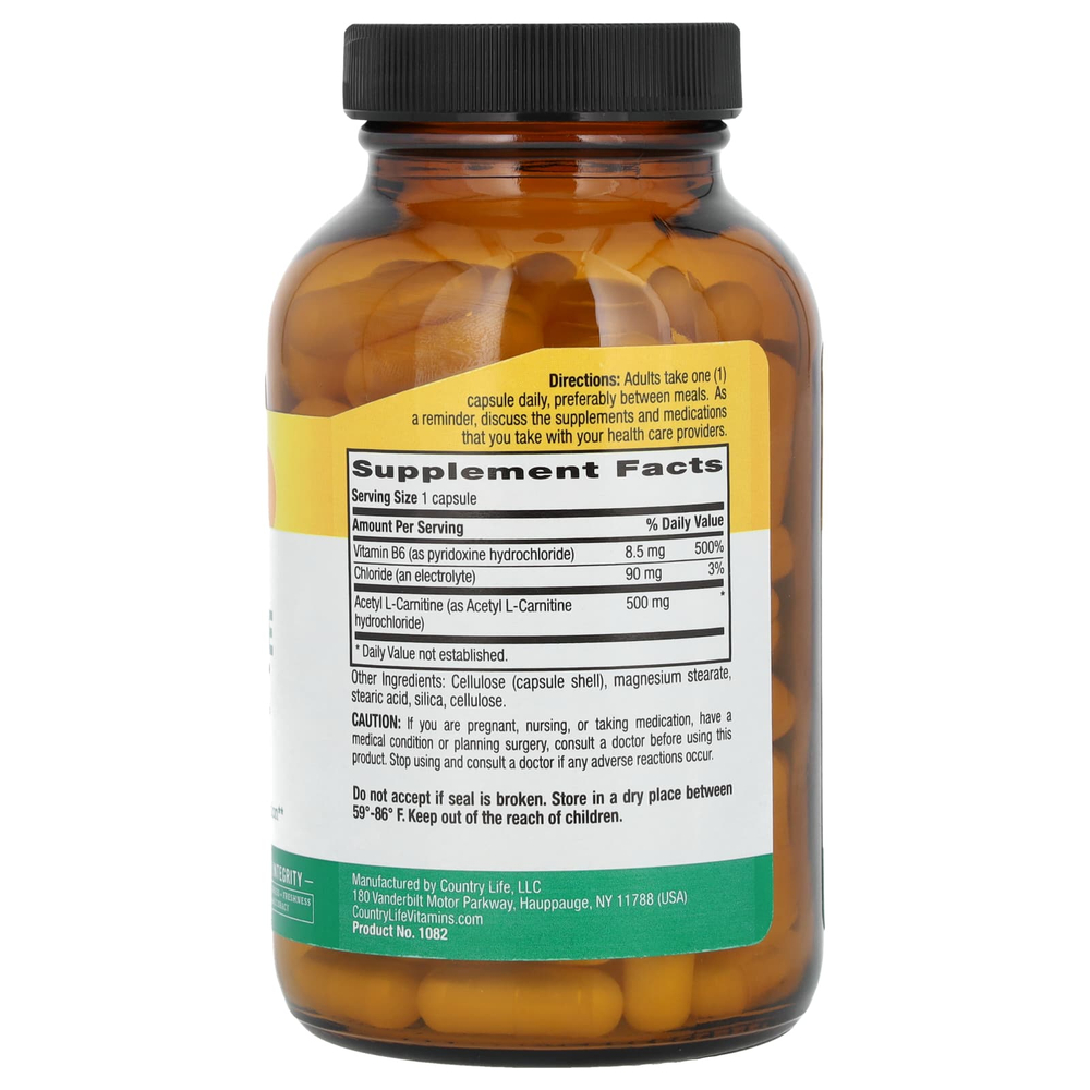 Country Life, Ацетил L-карнитин в капсулах, 500 мг, 120 веганских капсул